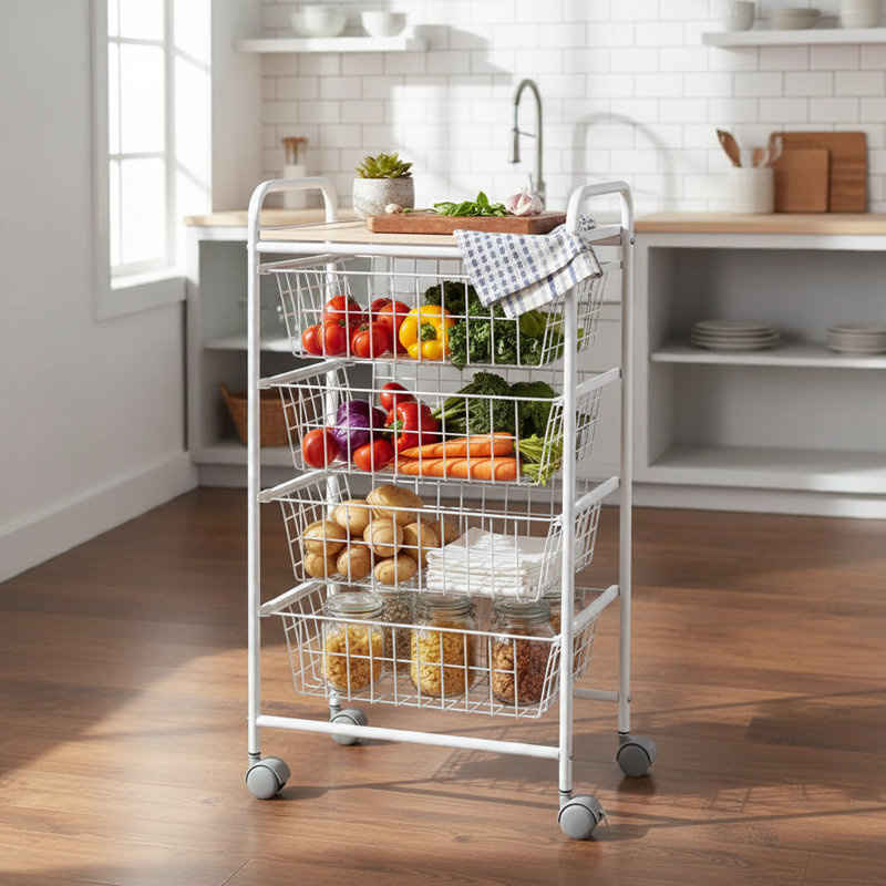 Chariot de cuisine FIESTA à 2 niveaux avec 4 paniers amovibles – châssis blanc et plateau couleur frêne