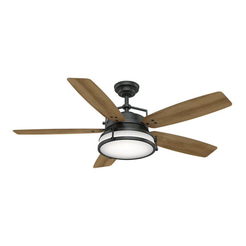 56" Caneel Bay 5 - Blade Outdoor Standard Ceiling Fan with Wall Control and Light Kit Included, White Washed Oak