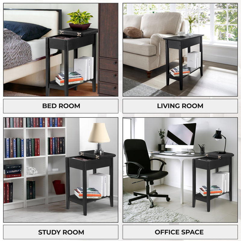 Galnares Compact Narrow End Table with Hidden Storage – Small Side Table, Wood Nightstand, Accent Table, Black
