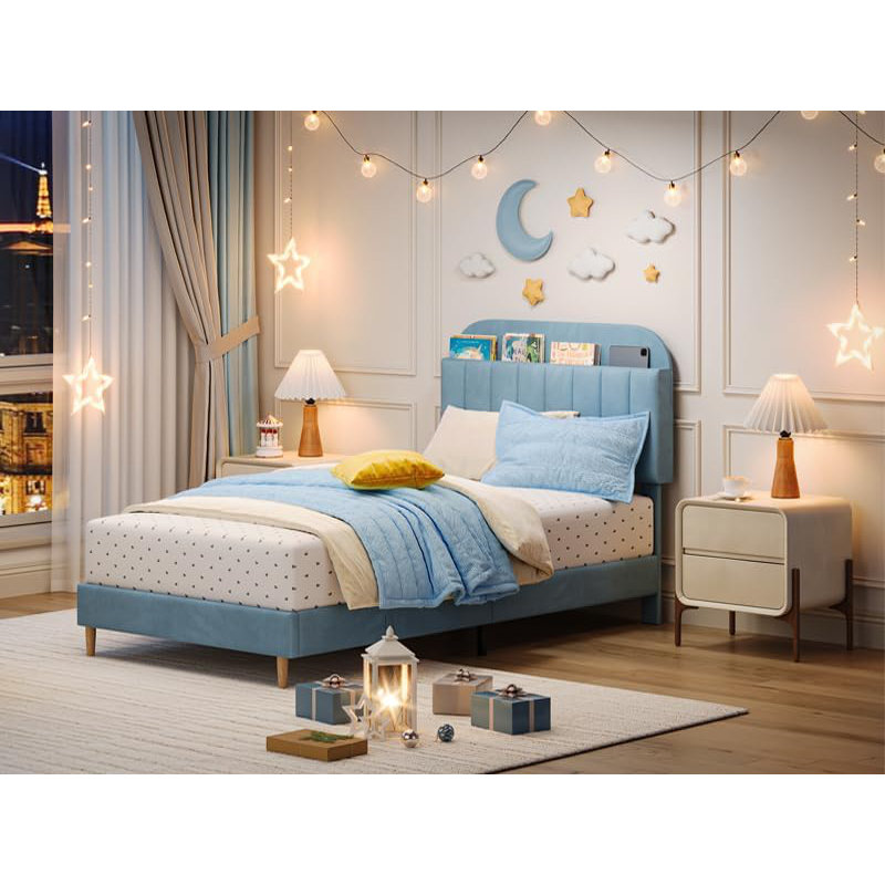 Twin Velvet Upholstered Kids Bed with Drawer, Low Profile, Wood Slats, Blue