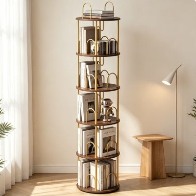 Bibliothèque pivotante à cinq niveaux, tour de livres tournant à 360°, bibliothèque étroite et pivotante idéale pour les coins et les petits espaces, étagère de rangement haute pour chambre, salon, bureau, élégante finition dorée