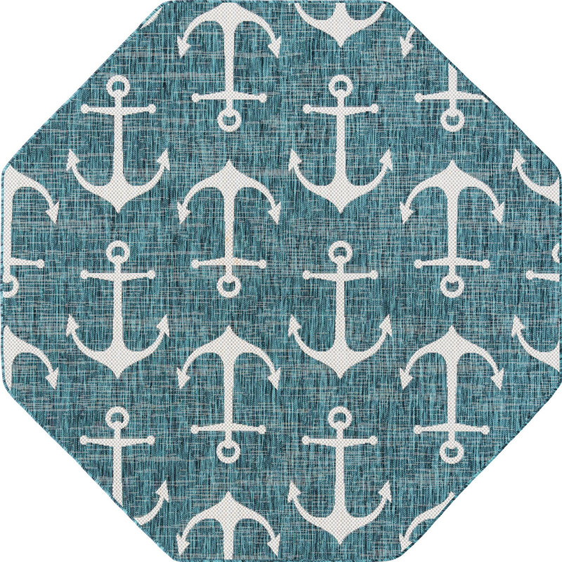 Tapis intérieur / extérieur bleu sarcelle / ivoire Glidden, Octogone 5 pi 3 po x 5 pi 3 po