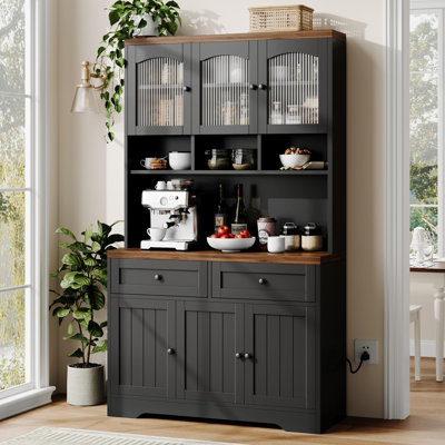 Garde-manger 71 po avec station de charge, grand garde-manger avec support à micro-ondes, huche de cuisine de ferme avec tiroirs de rangement 71 po