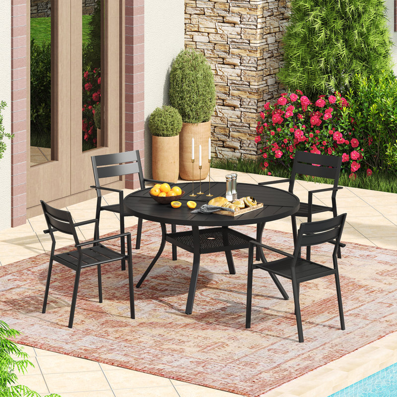 4-Person Round Patio Dining Set with Metal Dining Table and 4 Stackable Metal Armrest Chairs, Black/Black