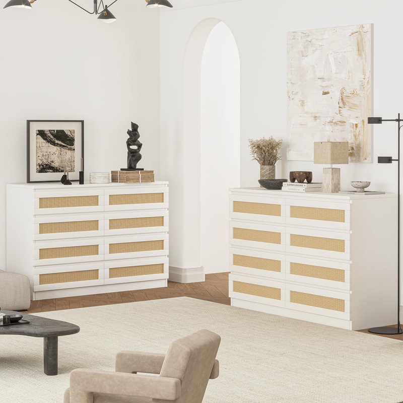 Commode double 8 tiroirs pour chambre à coucher, commode en rotin, Blanc / Blanc