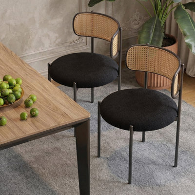 Rattan Back Dining Chairs With Upholstered Seats, Mid-Century Modern Armless Side Chairs With Metal Frame( Set Of2 ),Black