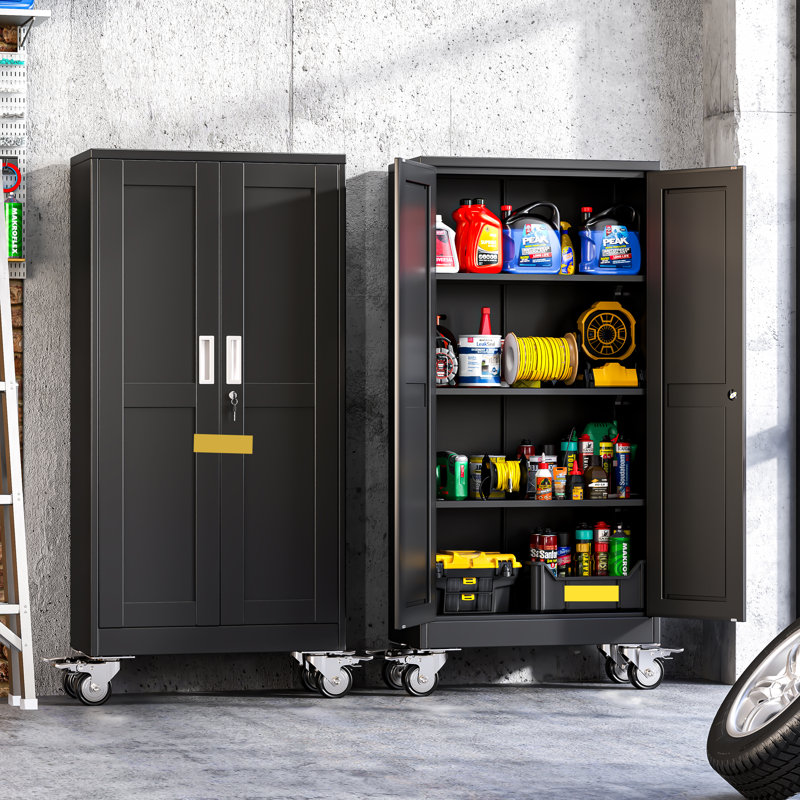 Durable Steel Garage Storage Cabinet with Wheels, Tool Cabinet Rolling with Adjustable Shelves, Black