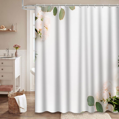Border Flowers Eucalyptus Branches White Flat Shower Curtain with 12 Hooks
