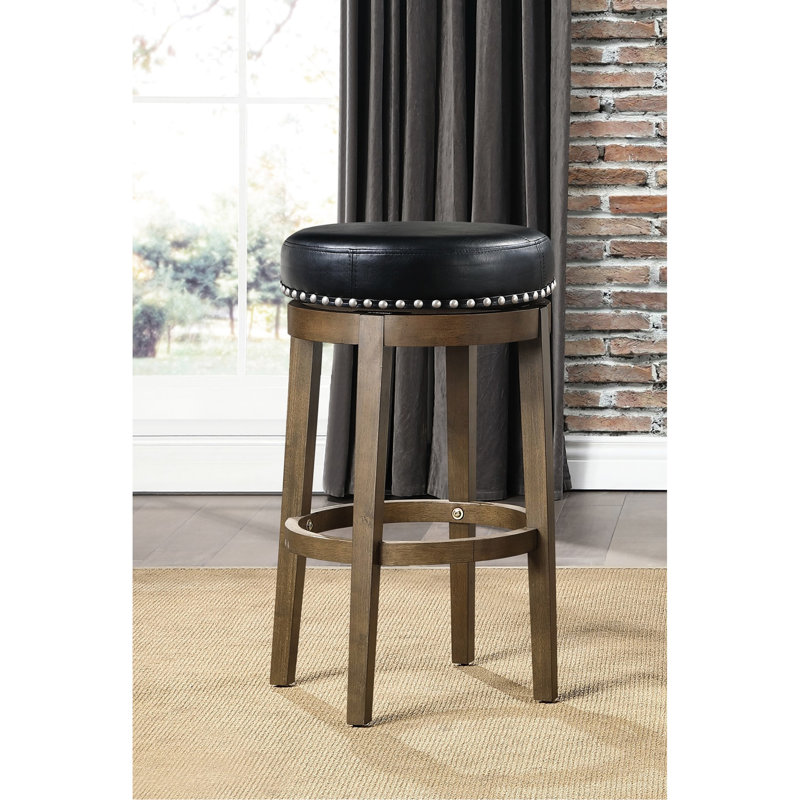 De 2 chaises pivotantes rondes, similicuir noir, garniture cloutée, structure en bois massif au fini brun, style transitionnel pour 2 tabourets de bar de salle à manger, pivotant à 360 °, structure, chaise