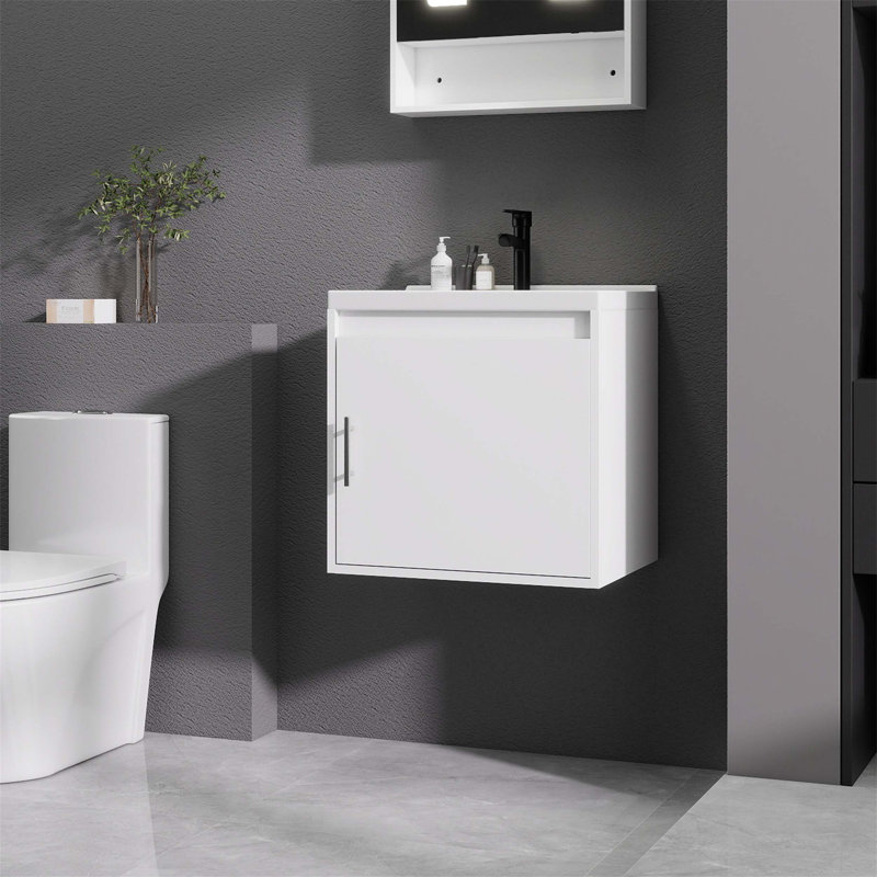 Meuble-lavabo de salle de bain avec lavabo en céramique, porte d'armoire à fermeture en douceur, fixation murale flottante, bonde escamotable, siphon inclus, idéal pour optimiser l'espace
