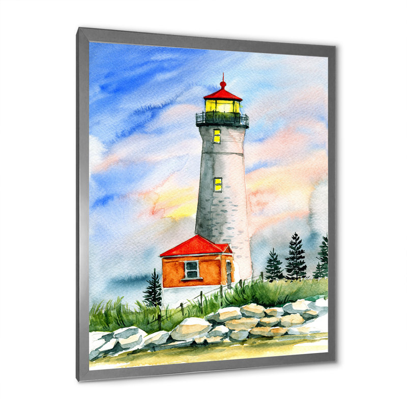 Phare entouré de sapins verts - peinture sur toile, H 32 po x l 16 po, Toile argentée avec cadre d'angle fermé