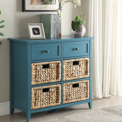 Console de couleur bleu sarcelle: espace de 6 tiroirs, devant de panier, bois, glissière en métal lisse Élément fonctionnel avec finition: côté