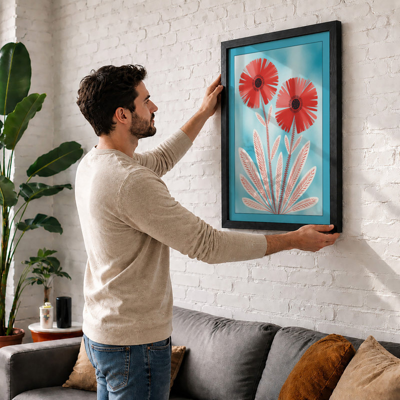 Coral Flowers at Rest Mid-Century - Framed Print, A4 - 29.7 x 21.0 cm, White