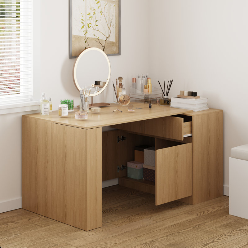 L-Shaped Makeup Table With Strong Storage And Foldable Tabletop