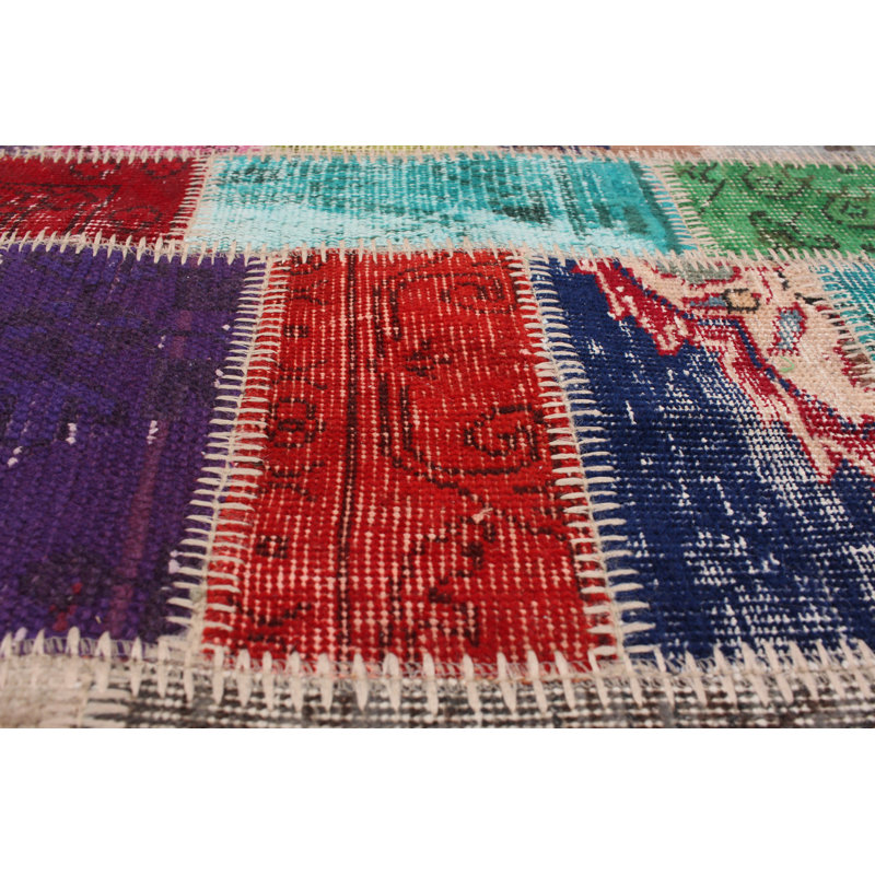 Tapis décoratif turquoise/rouge/beige en laine noué à la main de conception unique 5 pi 6 po x 8 pi 1 po Beppino