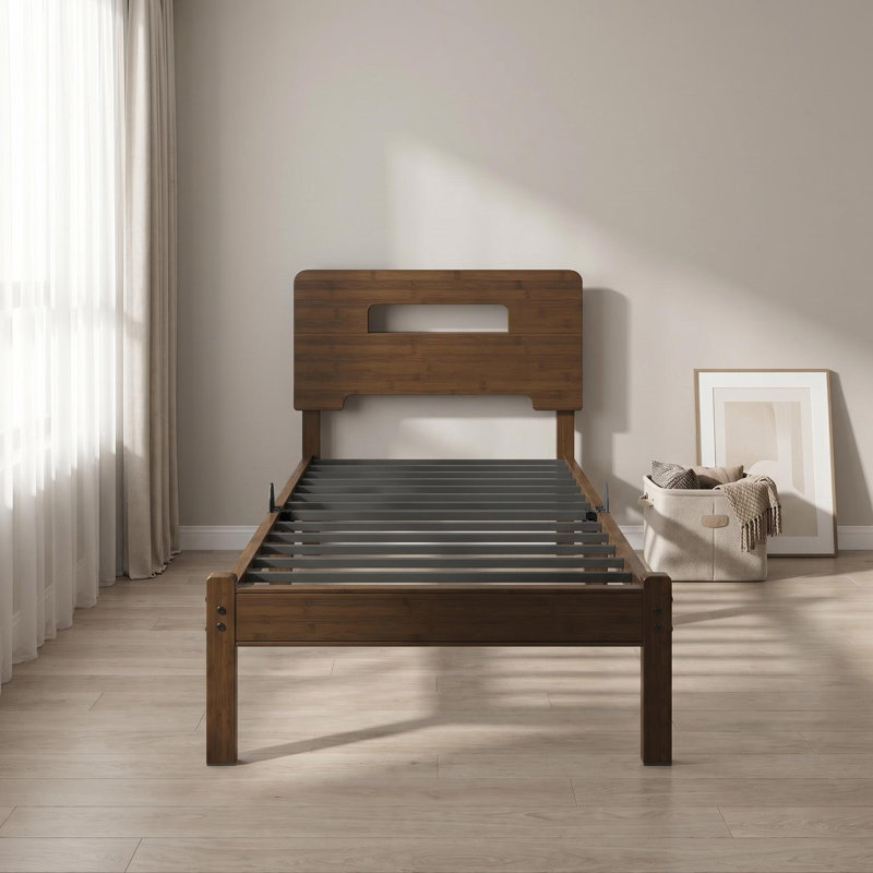 Gerrita Solid Bamboo and Metal Platform Bed with Integrated Headboard, Twin, Brown