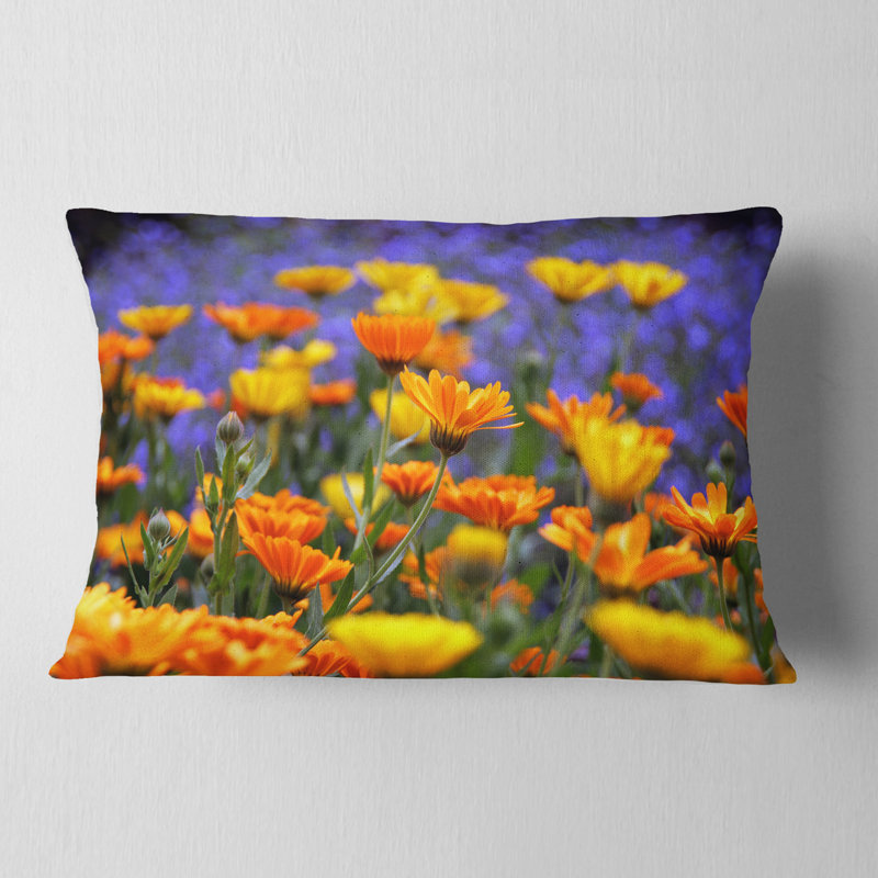 Coussin décoratif à motif floral jaune et orange, 12 po x 20 po, Rectangulaire