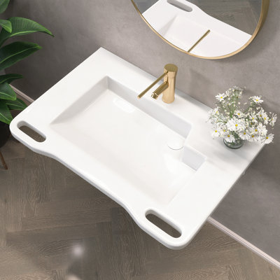 31.5" W X 22" D ADA Compliant Ceramic Bathroom Sink Wall-Mounted Rectangular White Sink Wall Hung Accessible Vessel Sink with Single Pre-Drilled Faucet Hole & Integrated Handles