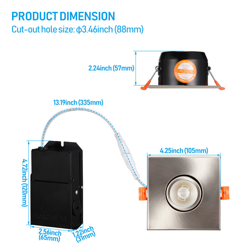 3 Inch Gimbal LED Recessed Light with J-Box, Square Downlight Dimmable, 5000K Daylight, Satin Nickel