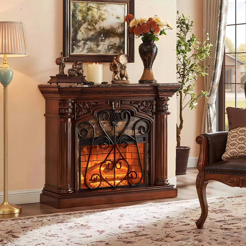 59.06"Retro Solid Wood Mahogany Simulated Flame Electric Fireplace, 45.28" H x 59.06" W x 17.72" D