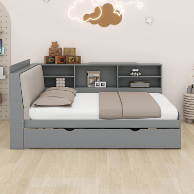 Full Size Daybed With Trundle And Storage Headboard, Wood L-Shaped Daybed With Shelves by Latitude Run