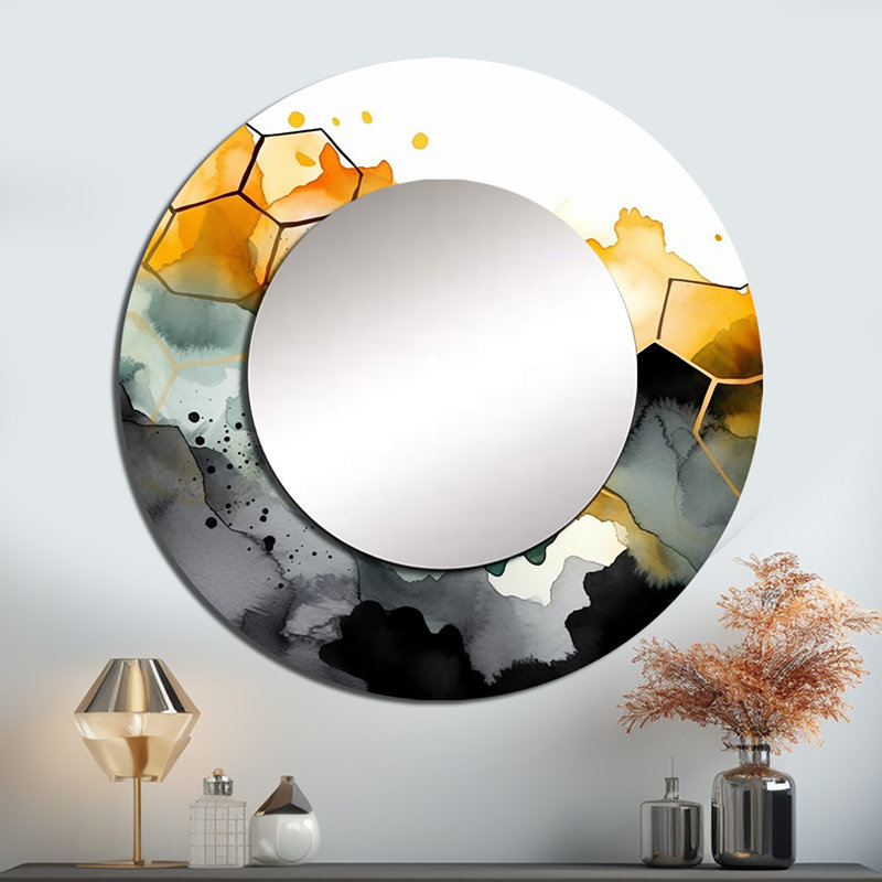 Forme de Honecomb jaune gris - miroir mural géométrique, miroir décoratif rond moderne, impression d'art en métal