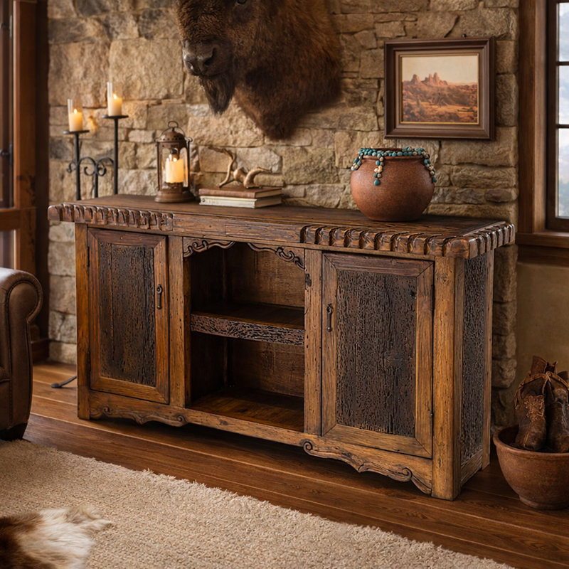 Worm Wood Console Table with Carved Details