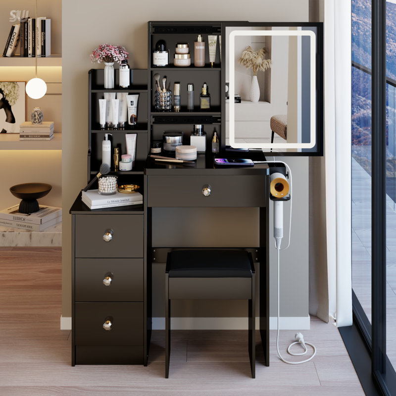 Table de chevet compacte 29,2 pouces avec tabouret, centrale électrique intégrée, support pour sèche-cheveux et miroir à DEL réglable