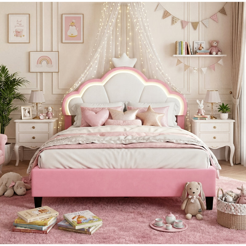 European Single & Double Upholstered Princess Bed With LED Crown Headboard, Pink Velvet, European Double (140 x 200 cm)
