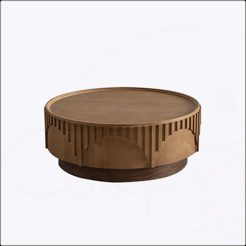 Table basse ronde en bois avec un design cannelé moderne et un piédestal robuste pour les salons et les appartements