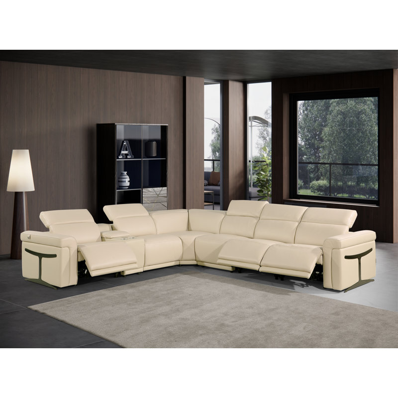 Canapé modulaire inclinable électrique en cuir italien 7 pièces Suhur, Cuir véritable beige