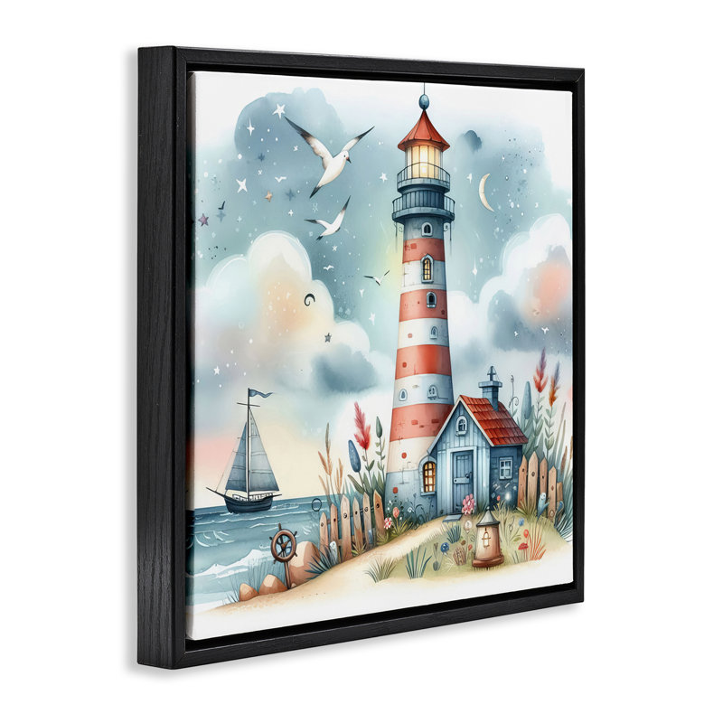  Fun Maritime Lighthouse Floater Canvas Wall Art by LSR Design Studio, Jet Black Floater Frame, 18" H x 18" W