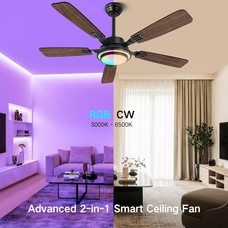 52" Ceiling Fan With Light, Remote & APP Control, Low Profile RGB Ceiling Fans Light, Reversible, 6 Speeds, 3000-6500K Stepless Dimming, Modern Ceiling Fan For Bedroom Indoor/Outdoor Use Wood