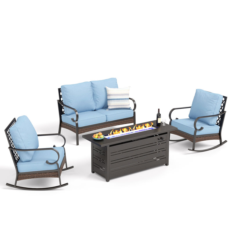 Ensemble de conversation pour 4 personnes avec table et coussins en acier inoxydable, Noir / bleu / noir