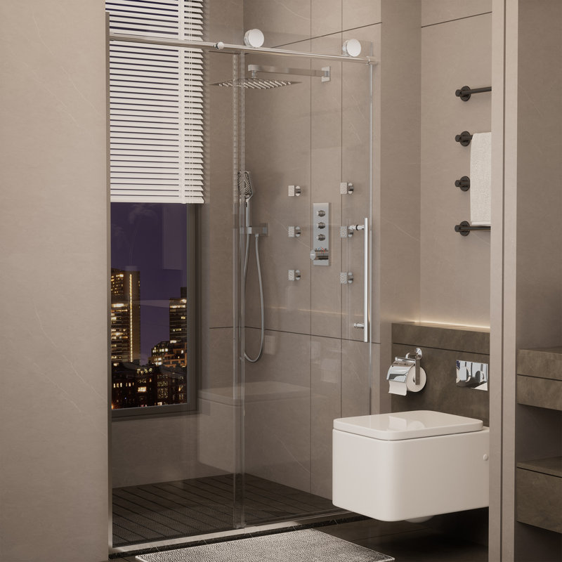 48" x 76" Frameless Chrome Sliding Shower Door with Clear Glass