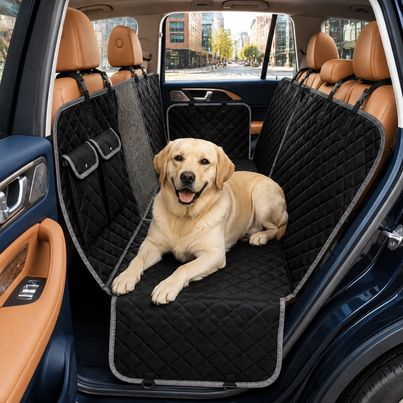 A mesh divider turns this waterproof rear-seat hammock into a dog guard for cars, trucks, and SUVs. Adjustable straps secure the setup, while the non-slip protector and scratchproof dog blanket add coverage.