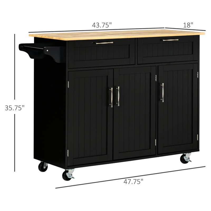 Chariot de cuisine avec rangement - noir. Comptoir en bois, tiroirs, armoires et porte-serviettes. Augmentez l'espace de travail. Organisez la cuisine. Mobile. Style moderne. L 48,34 po x P 18 po x H 35,01 po. Capacité de 110 lb. Assemblage