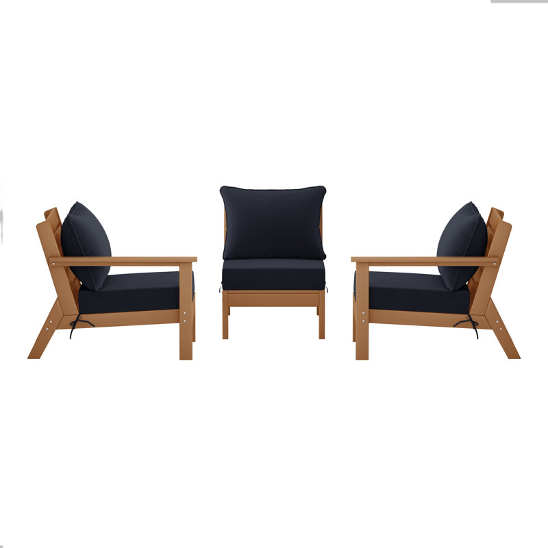 Ensemble de conversation à assise profonde 3 pièces avec coussins, Teck, Marine