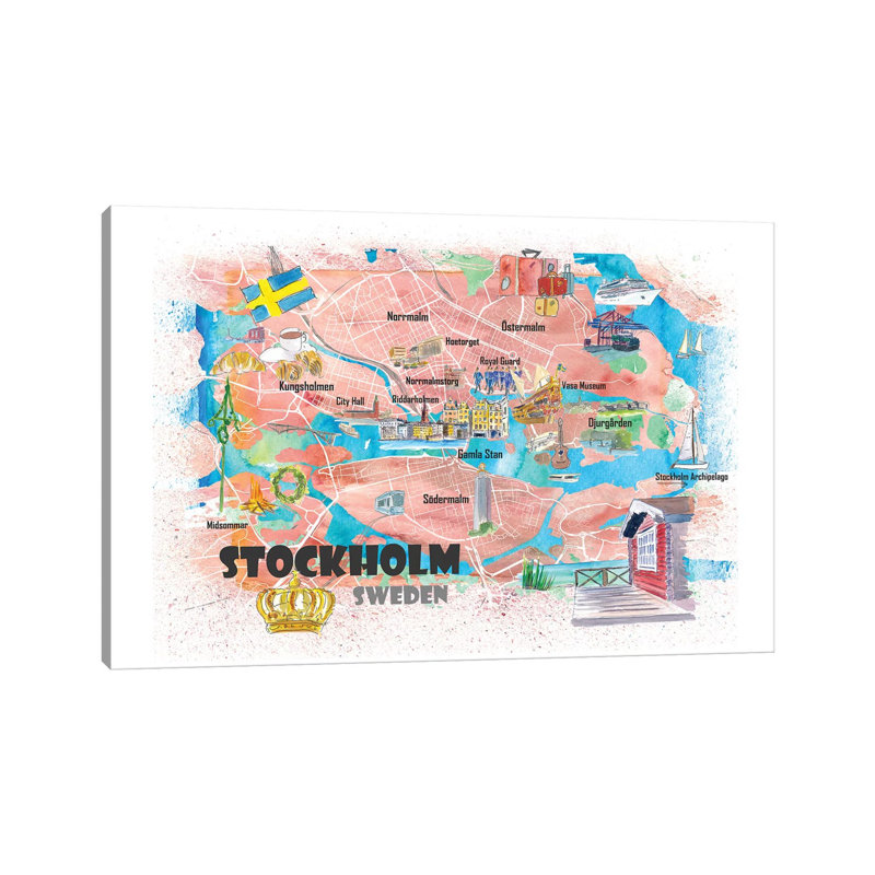 Stockholm Sweden Illustrated Map With Main Roads Landmarks And Highlights 1 Piece Wrapped Canvas Wall Art