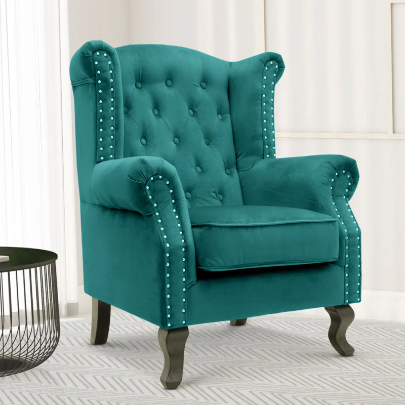 Baden Wingback Chair, Turquoise, Velvet