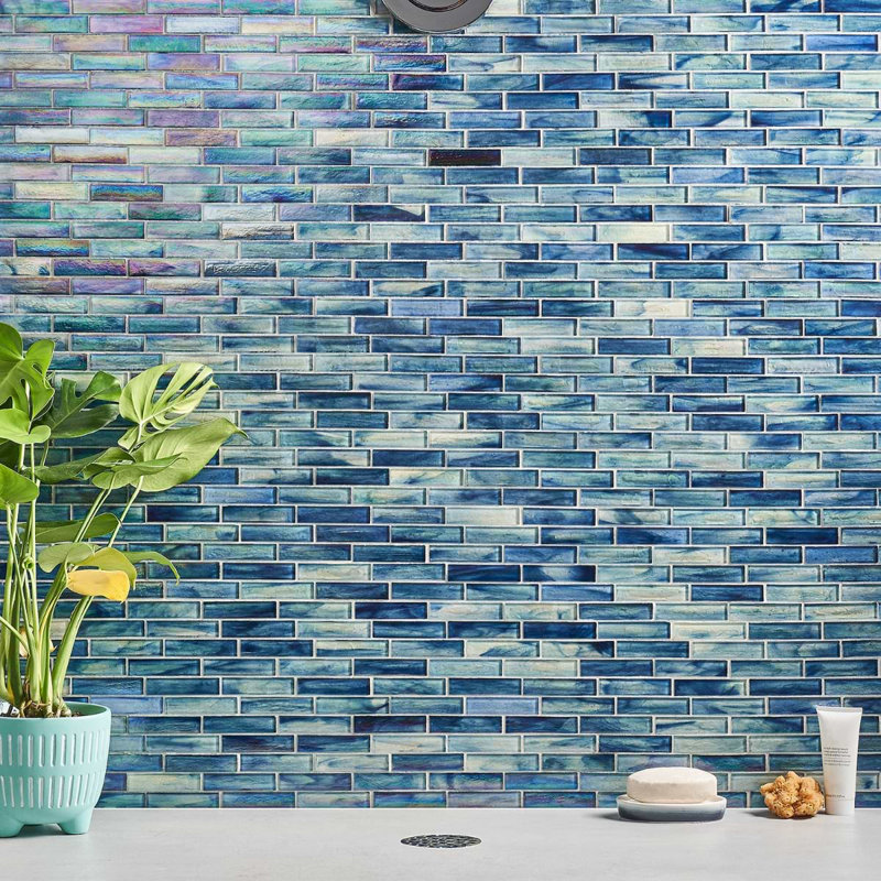 Artwater Iridescent 12x12 Brick Iridescent Polished Glass Mosaic Tile, Beach Blue