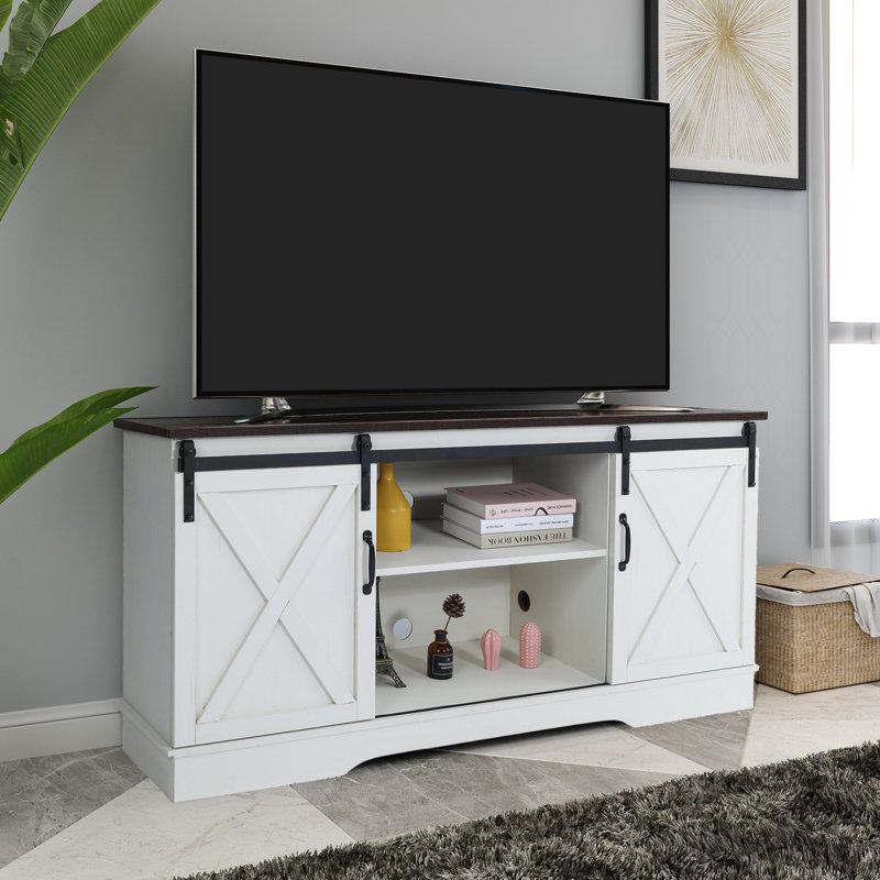 Meuble télé pour téléviseur de 65 po ou moins Heger, Blanc cassé et espresso
