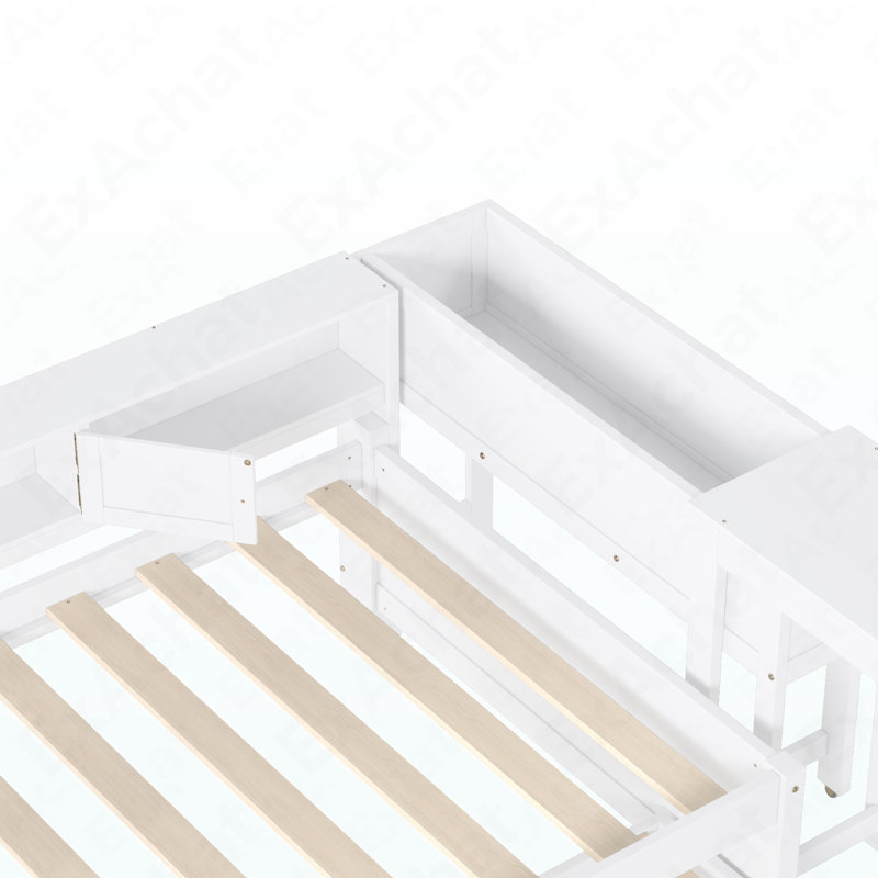 Twin Size Daybed With Trundle,Wood Daybed Frame With Storage Drawers,Side Shelves And Desk,White