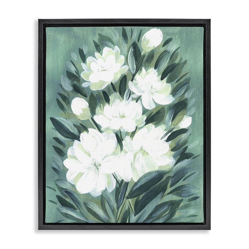 Cadre flottant en acrylique avec fleurs de jasmin, design par Camila Juncos, Cadre flottant noir de jais, H 21 po x l 17 po