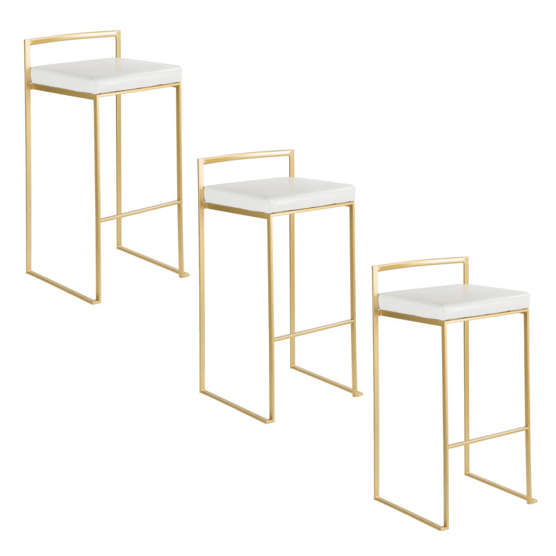 Ernestine Stackable Faux Leather Stool, Bar Stool (30" Seat Height), White/Gold