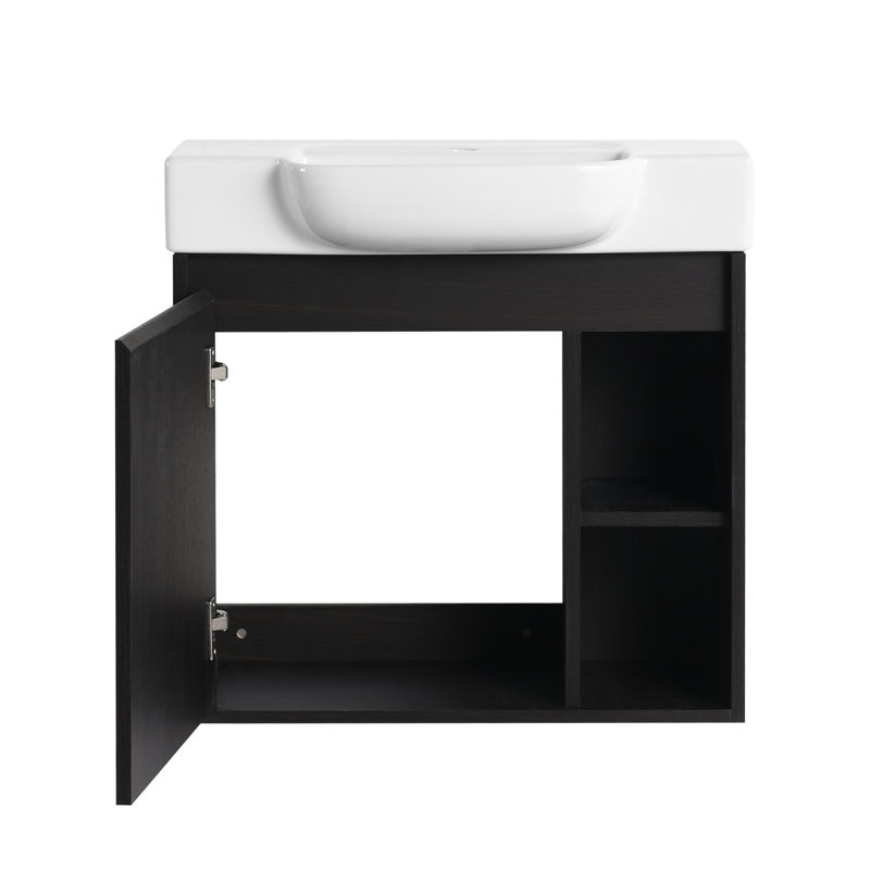Meuble-lavabo moderne compact avec lavabo en céramique, chêne foncé, conception peu encombrante