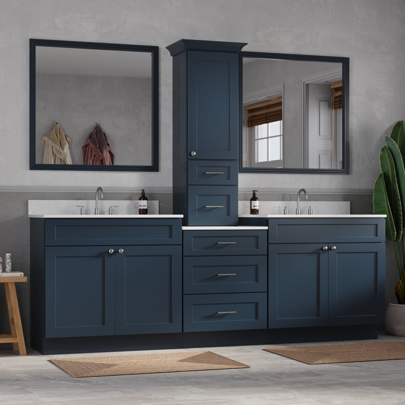 96'' Double Bathroom Vanity With Counter Top Tall Cabinet Shaker Dovetail Solid Wood Drawer Carrara Quartz Top, Blue