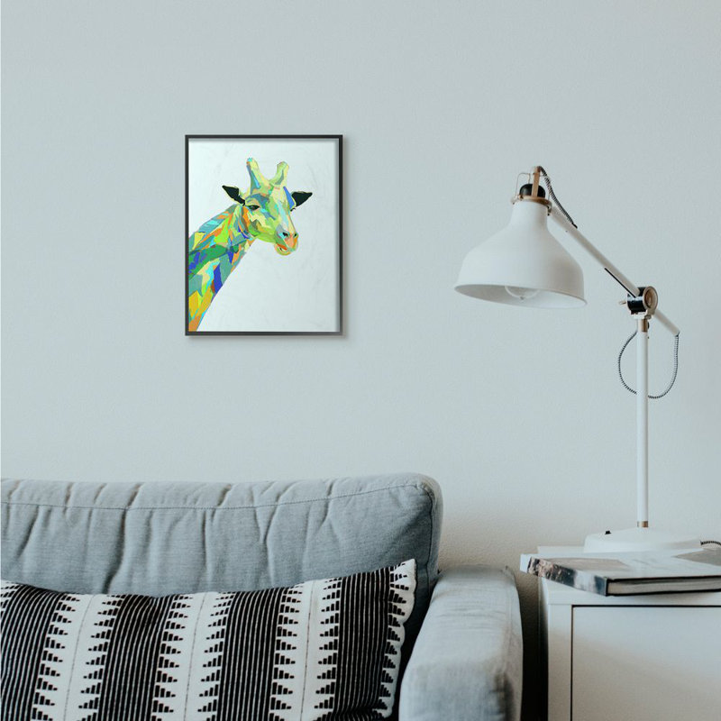 «Giraffe Abstract Shapes Blue Green Animal Design» par Ziwei Li - impression d'art graphique, Giclée encadrée noir minuit