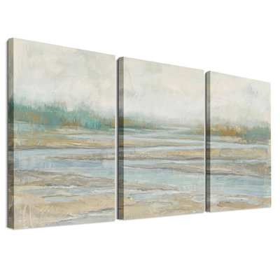 Textured Blue And Beige Coastal Landscape Set Of 3 Canvas Wall Art