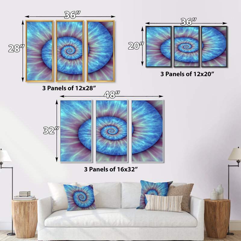 Motif de Fibonacci bleu - 3 pièces, cadre flottant, impression sur toile, Cadre doré, H 20 po x l 36 po x P 1 po